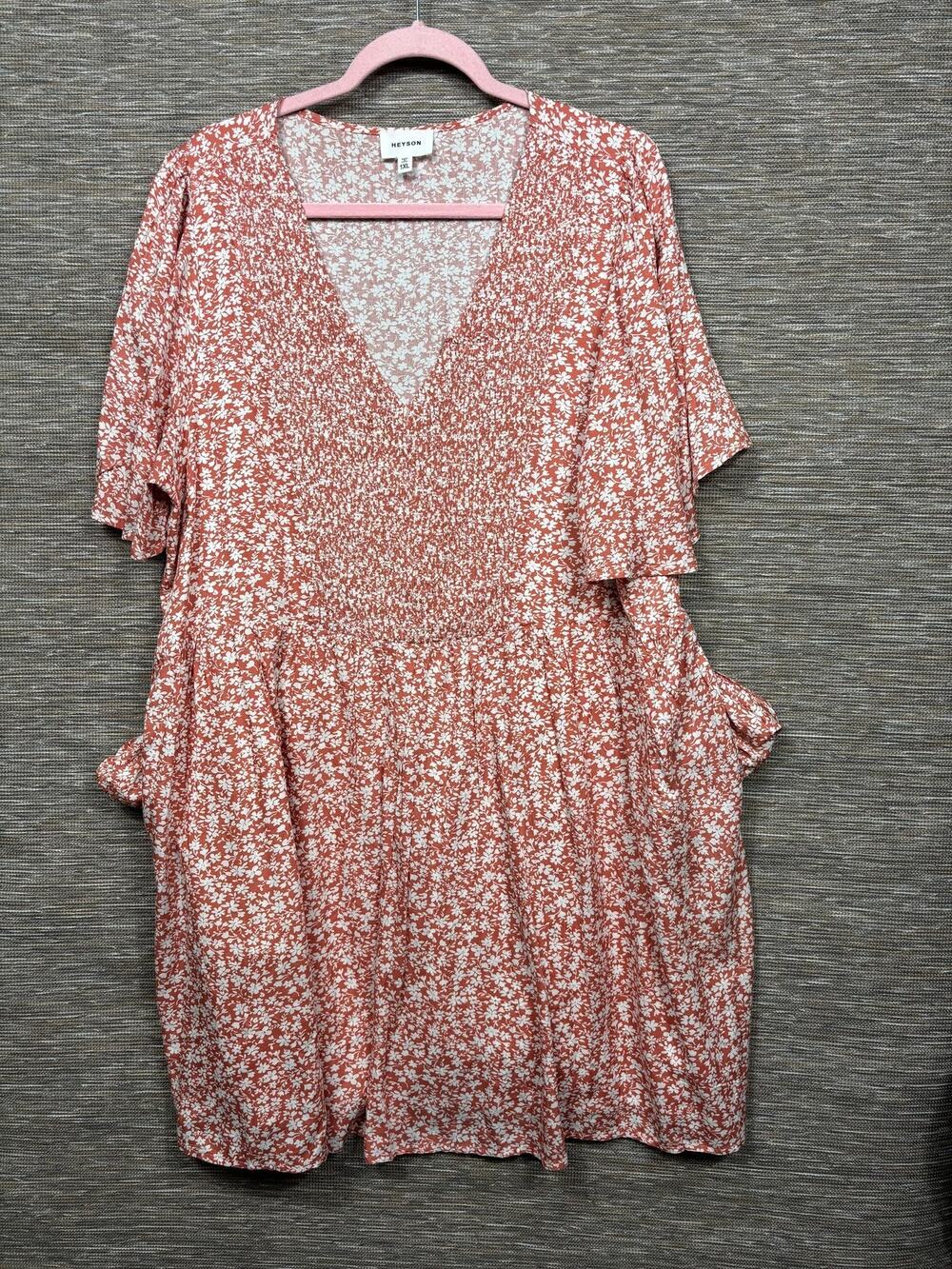 HEYSON Dress Womens 1X Orange White Floral V Neck Flutter Sleeve Boho Swing